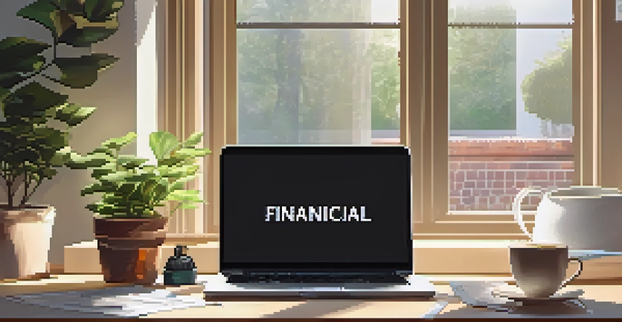 A cozy workspace with a wooden desk, a laptop showing a financial spreadsheet, plants, and a cup of coffee, illuminated by morning light.