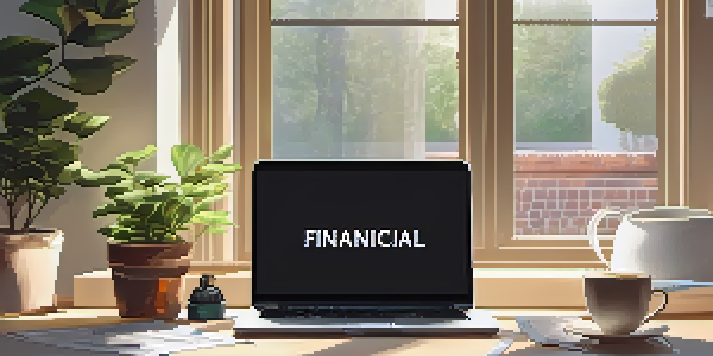 A cozy workspace with a wooden desk, a laptop showing a financial spreadsheet, plants, and a cup of coffee, illuminated by morning light.