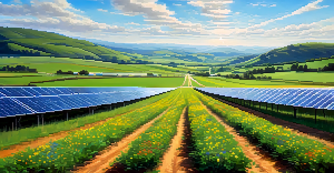 A solar farm with rows of solar panels in a green field under a bright blue sky with rolling hills in the background.