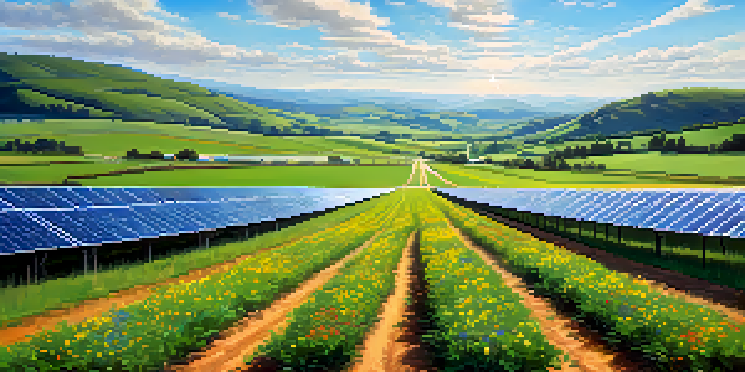 A solar farm with rows of solar panels in a green field under a bright blue sky with rolling hills in the background.