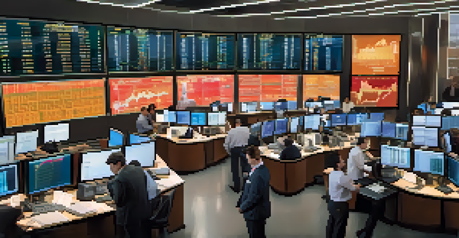 A busy trading floor with digital displays of fluctuating commodity prices.