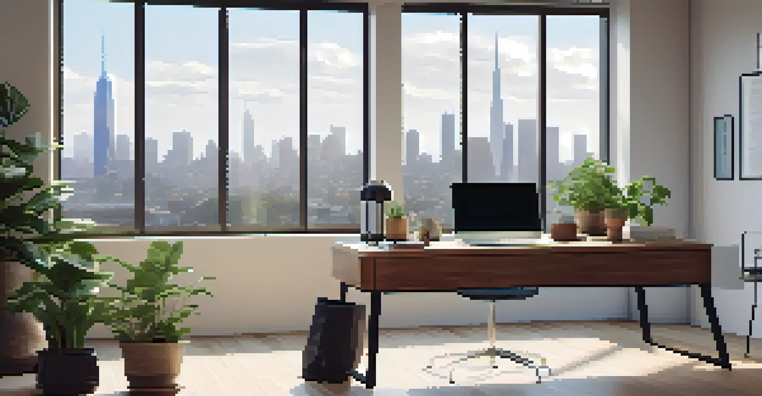 A stylish modern office workspace with a view of the city skyline.