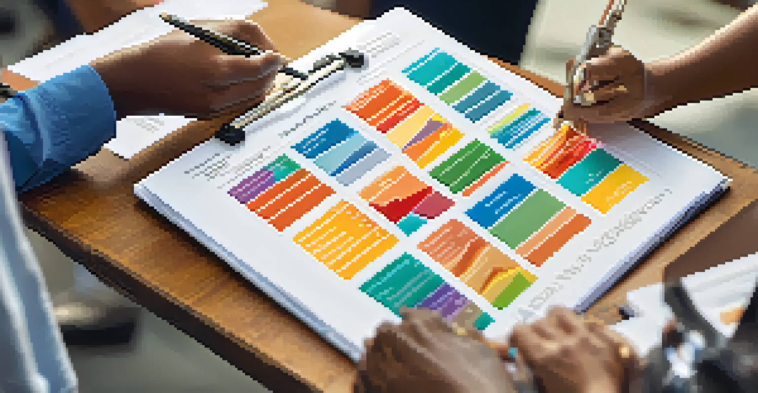Close-up of hands holding a clipboard with survey questions and colorful charts, with community members looking engaged in the background.