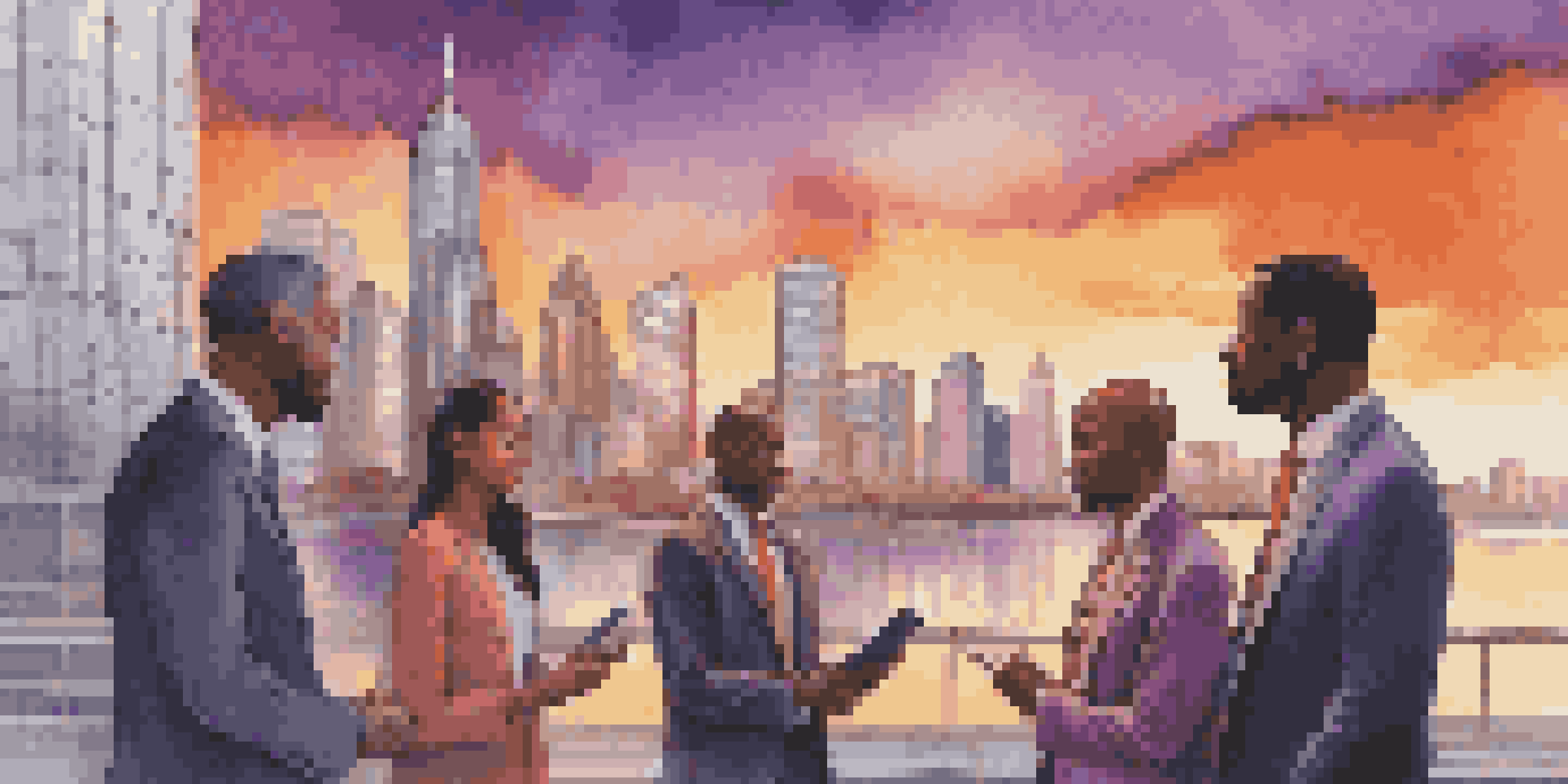 A diverse group of investors discussing over a tablet in a modern financial district during sunset.