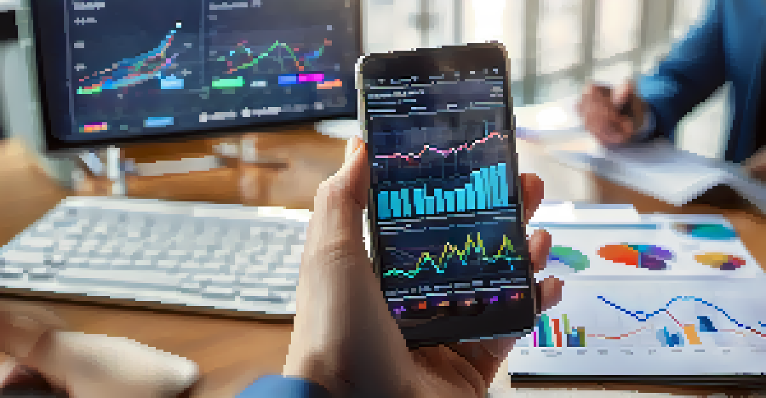 A close-up of a hand with a smartphone showing financial graphs in a modern office environment.