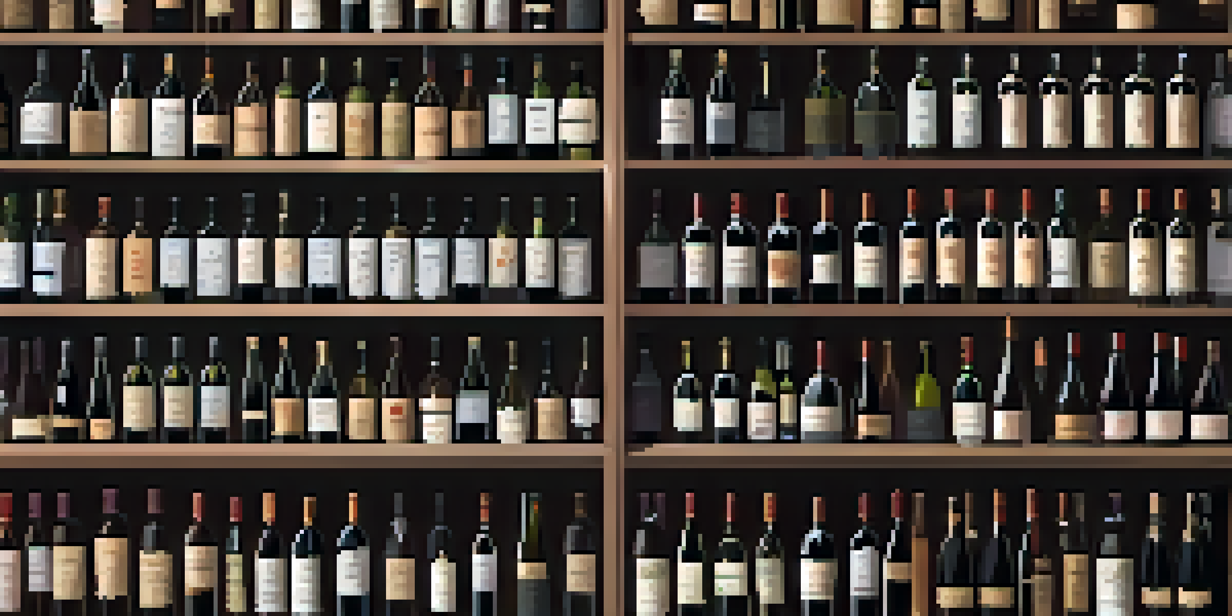 A wine cellar filled with fine wine bottles on wooden shelves, illuminated by soft lighting.