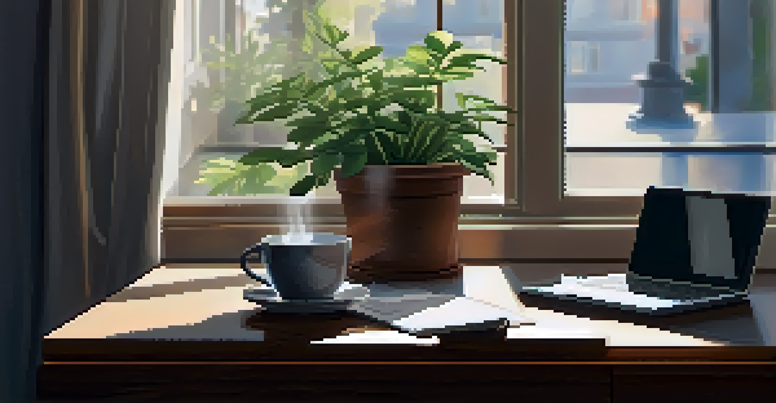A modern workspace with a laptop, notepad, and coffee on a wooden desk, illuminated by morning light.