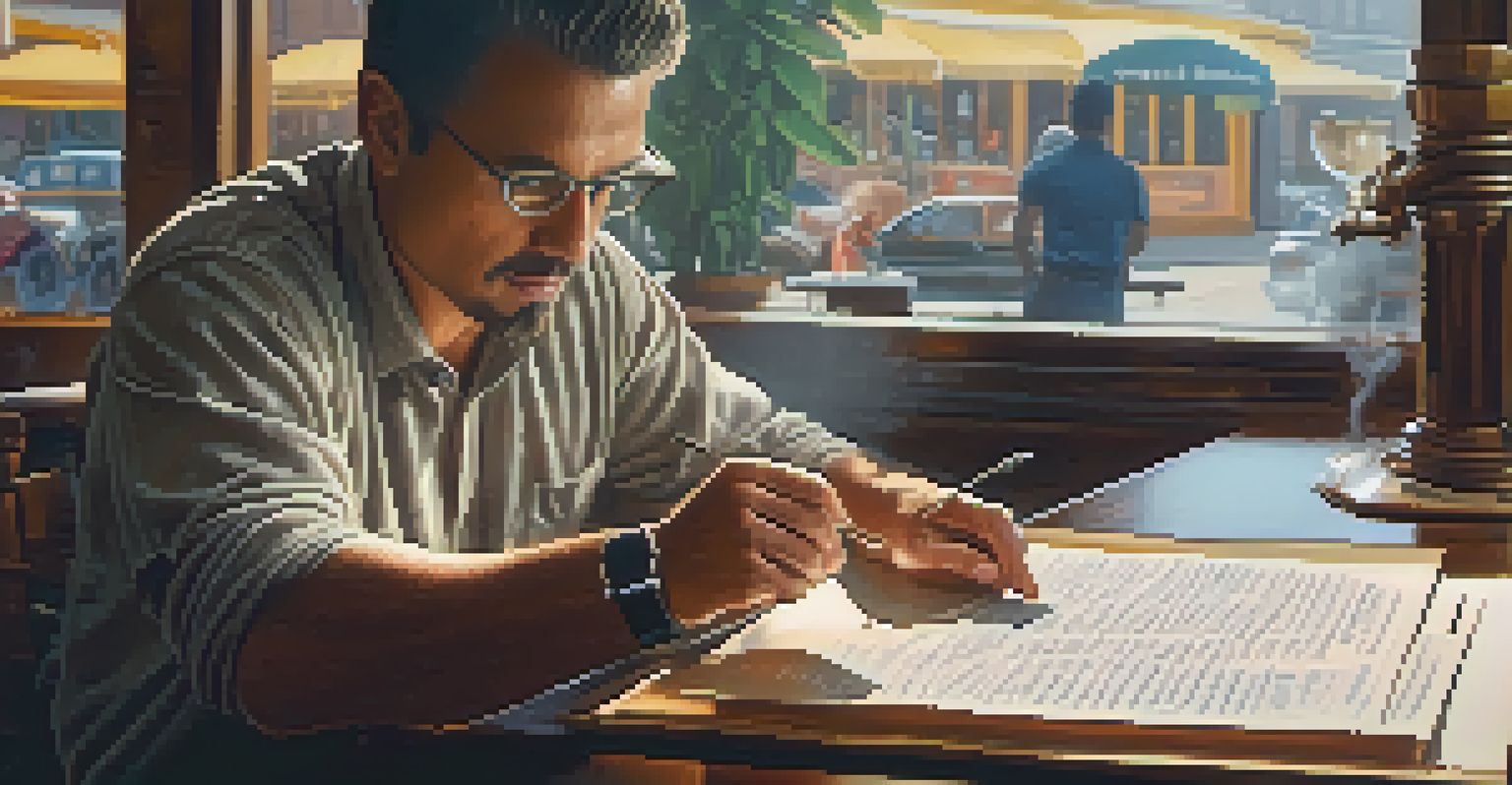 A coffee shop owner reviewing a futures contract with coffee beans and a cup of coffee on the desk.