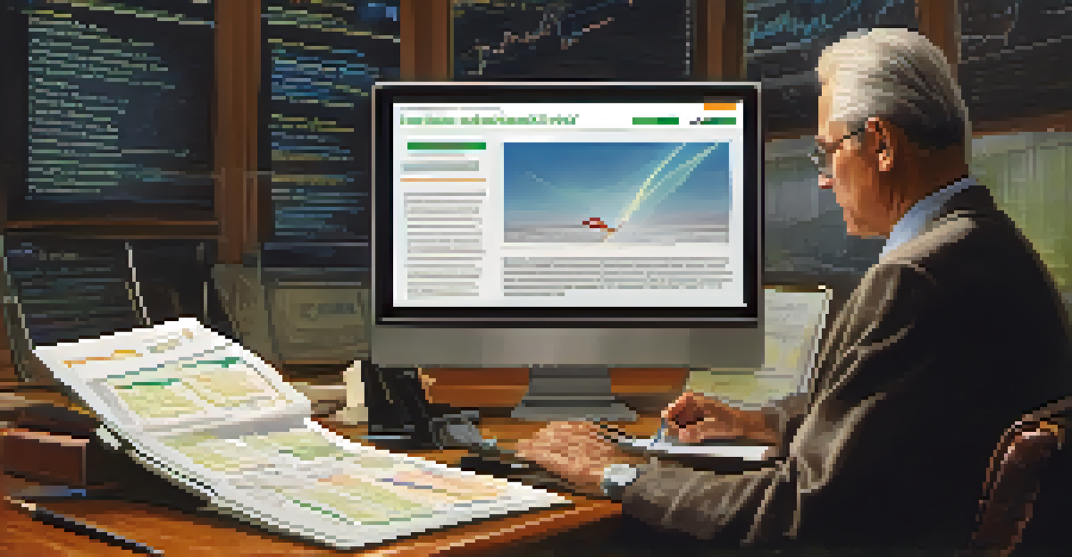 A senior man reading a financial website on a computer screen, taking notes with a notepad and pen.