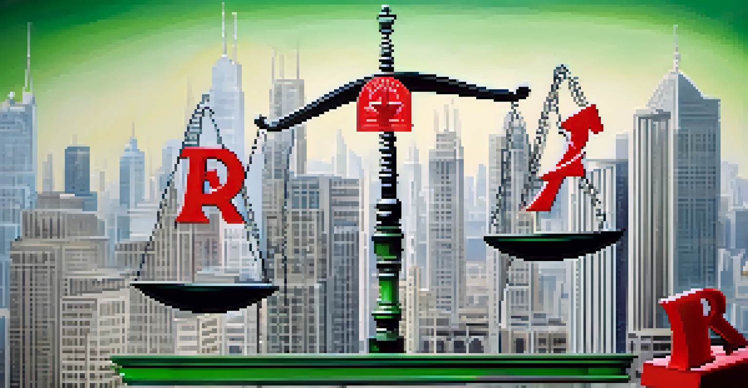 A balancing scale with green growth symbols on one side and red caution signs on the other, against a blurred city skyline.