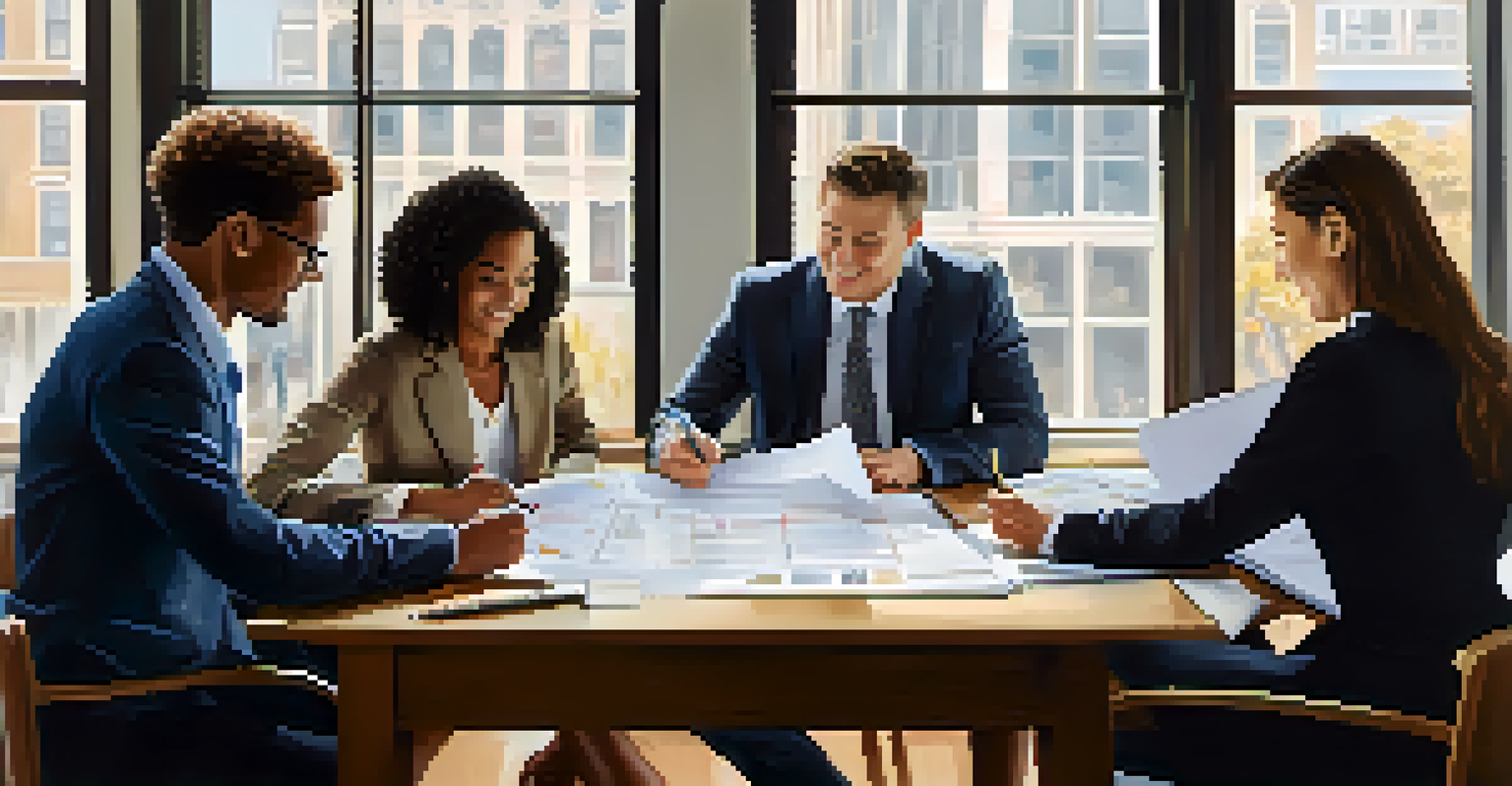 A diverse group of employees discussing financial data at a table, surrounded by charts and documents, with natural light streaming in.