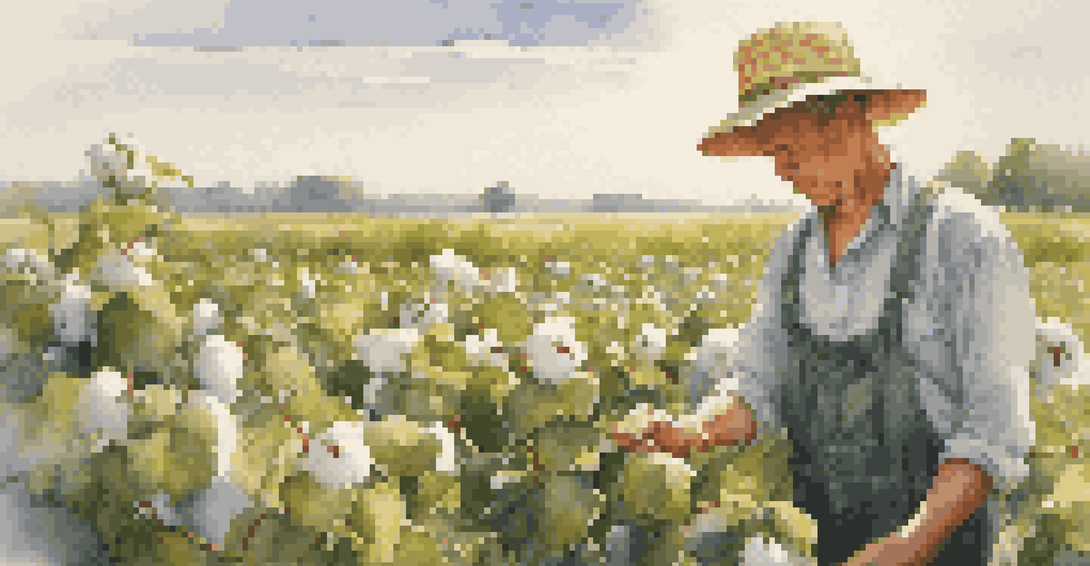 A farmer inspecting a cotton plant in a lush field, wearing a straw hat and overalls, with fluffy cotton bolls in the background.