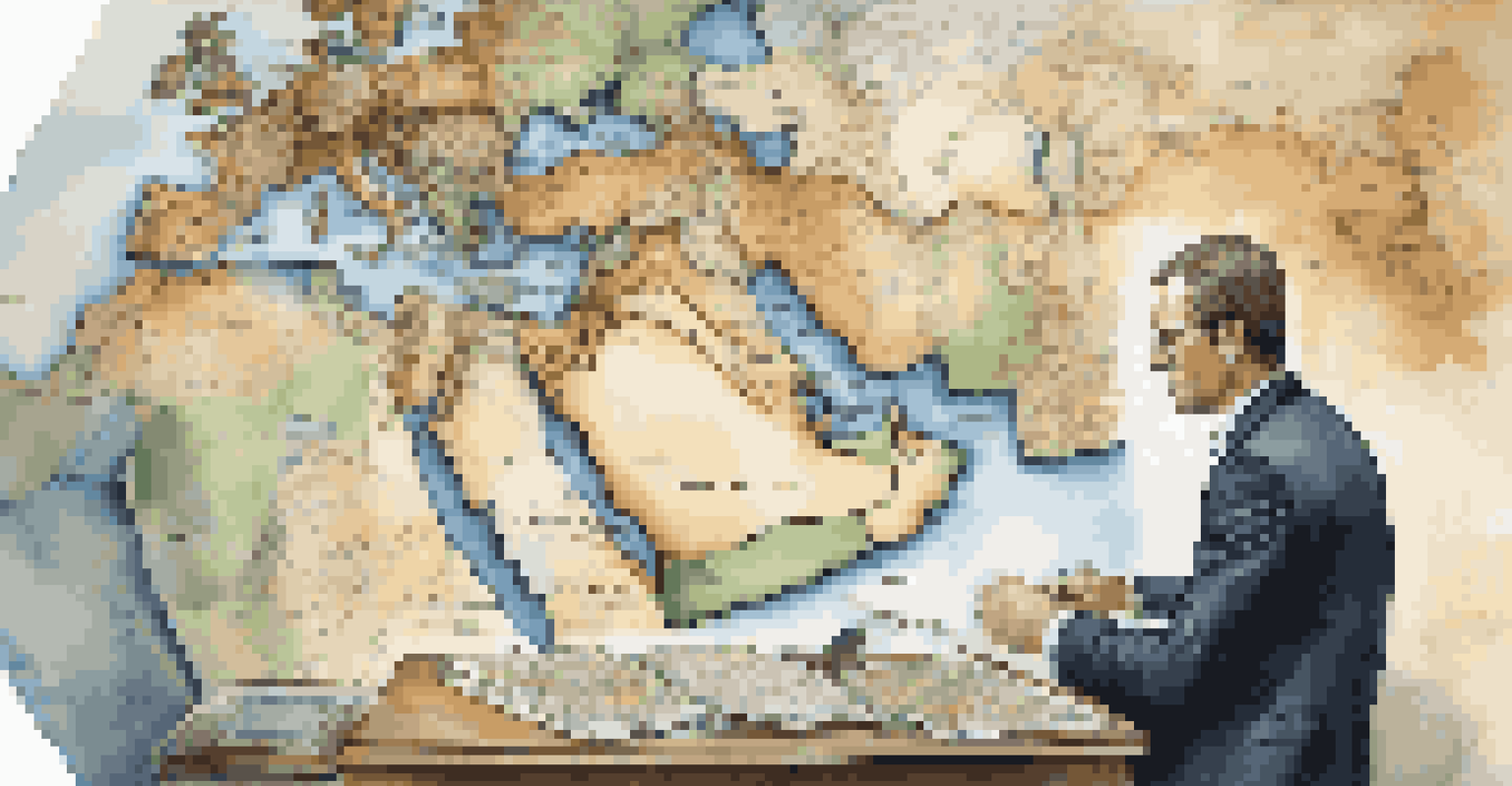 An investor looking at a detailed map of the Middle East with financial documents and a laptop on a table.