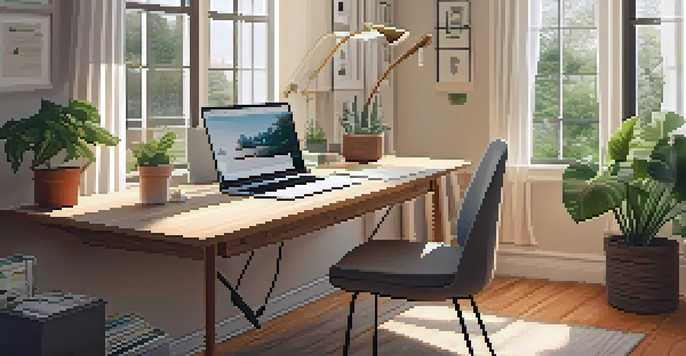 A cozy home office with a desk, laptop, and houseplants, illuminated by natural light from a window.
