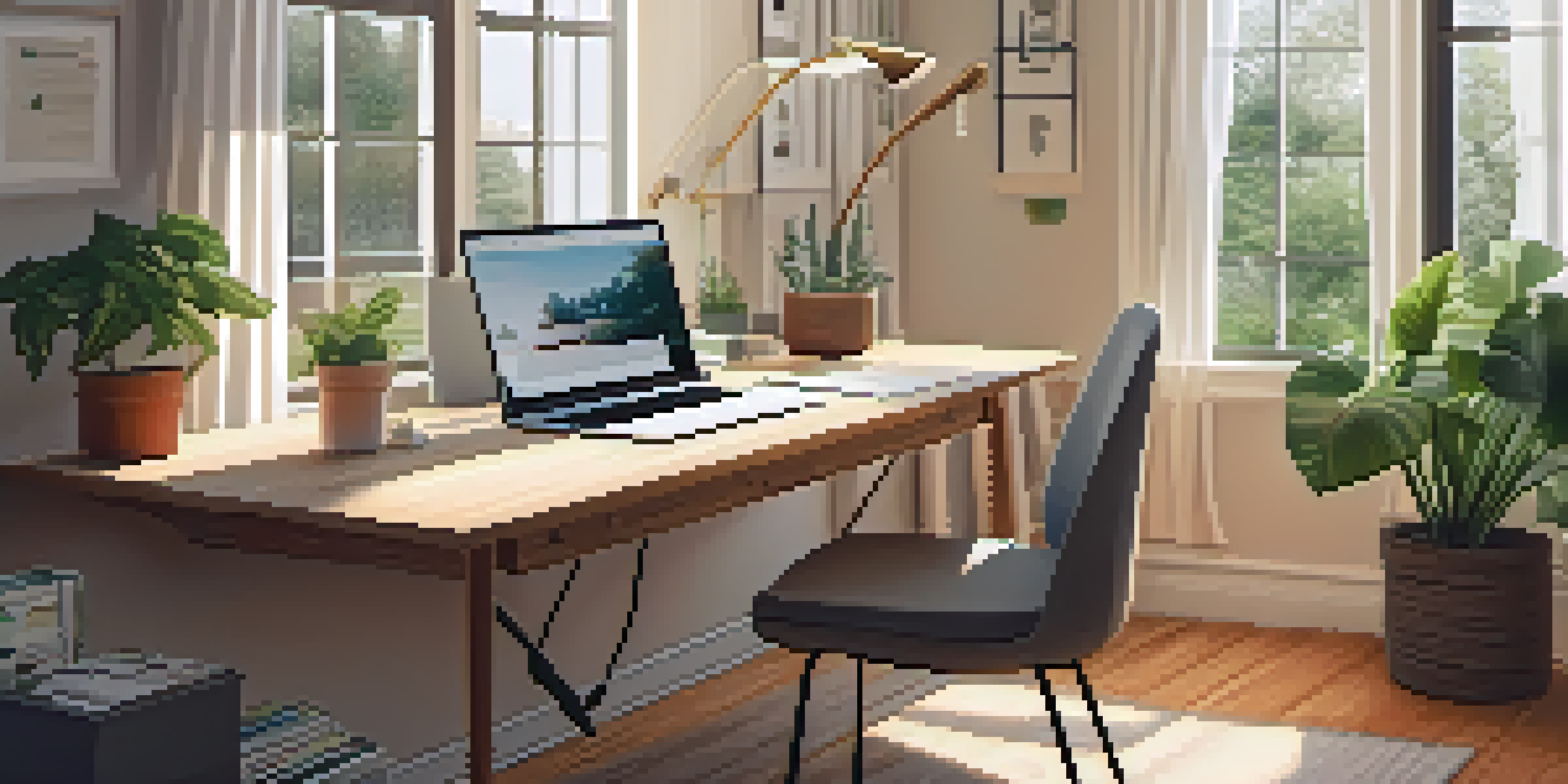 A cozy home office with a desk, laptop, and houseplants, illuminated by natural light from a window.
