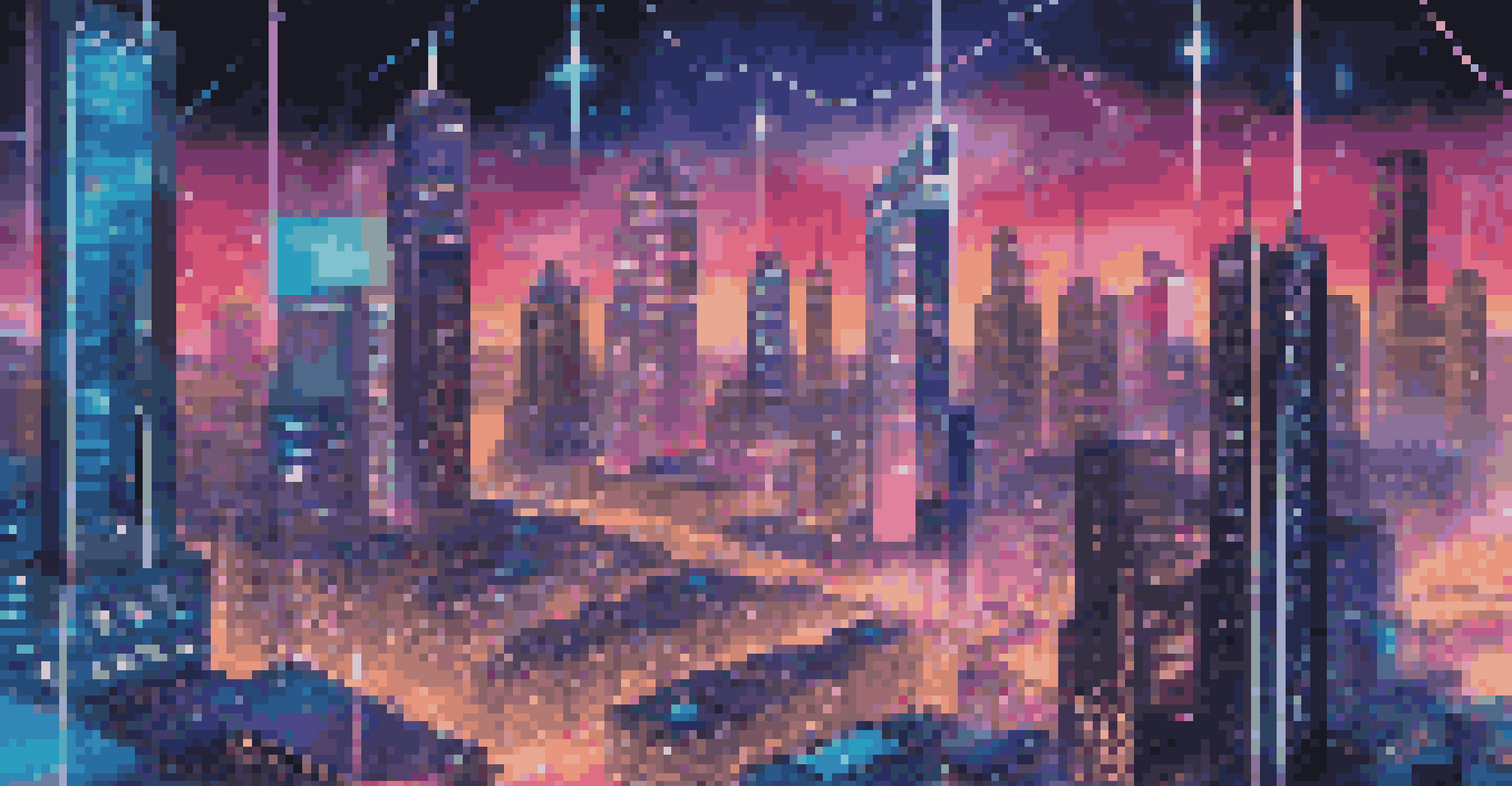 An abstract digital artwork depicting blockchain technology and currency symbols in a futuristic city with neon lights.
