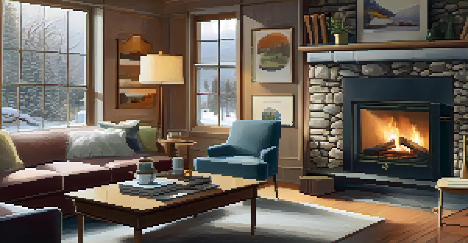 A warm and inviting living room with a fireplace, sofas, and a snowy view outside.