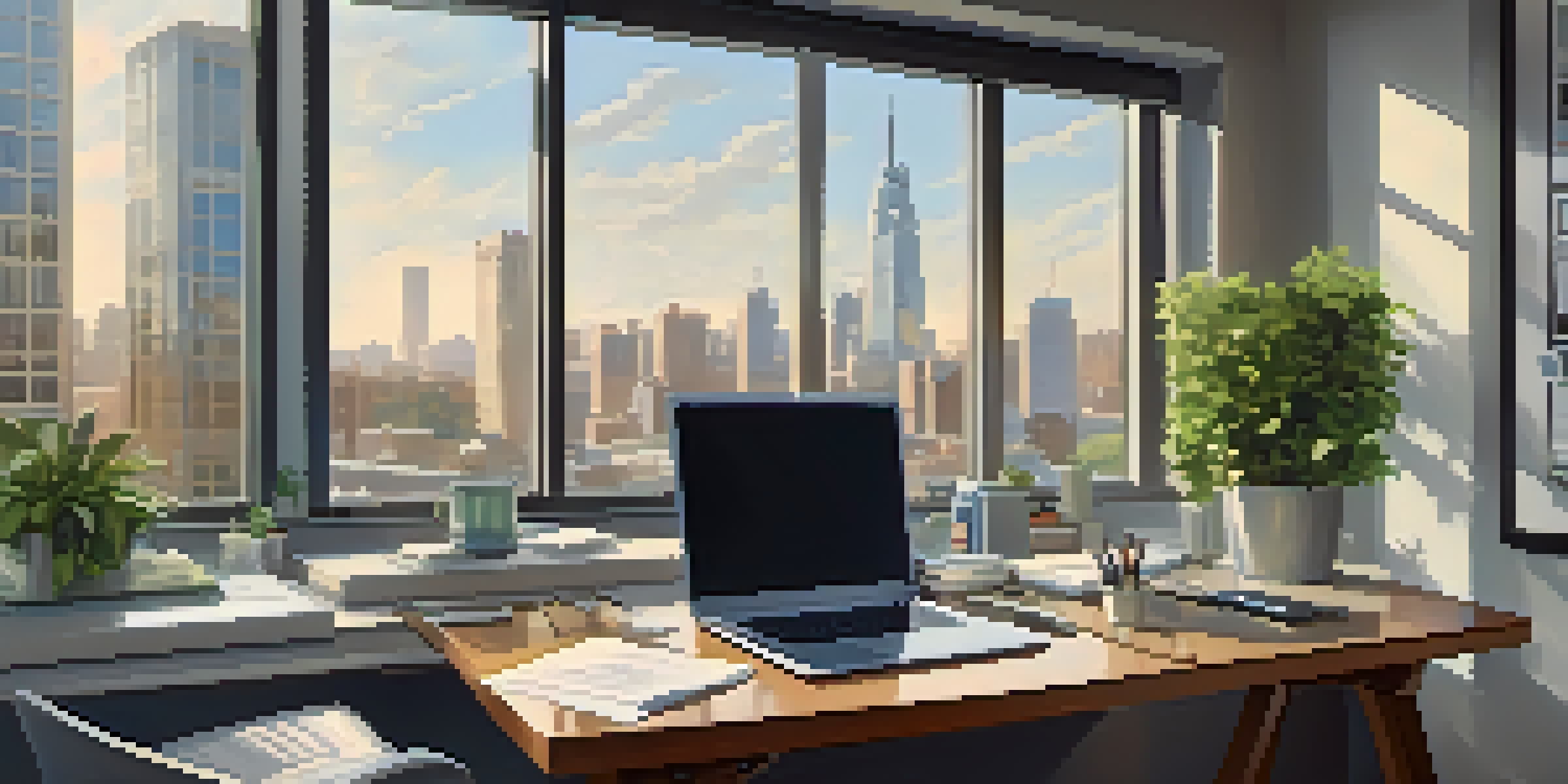 A contemporary office workspace with a laptop, financial reports, and a view of a city skyline through a large window.