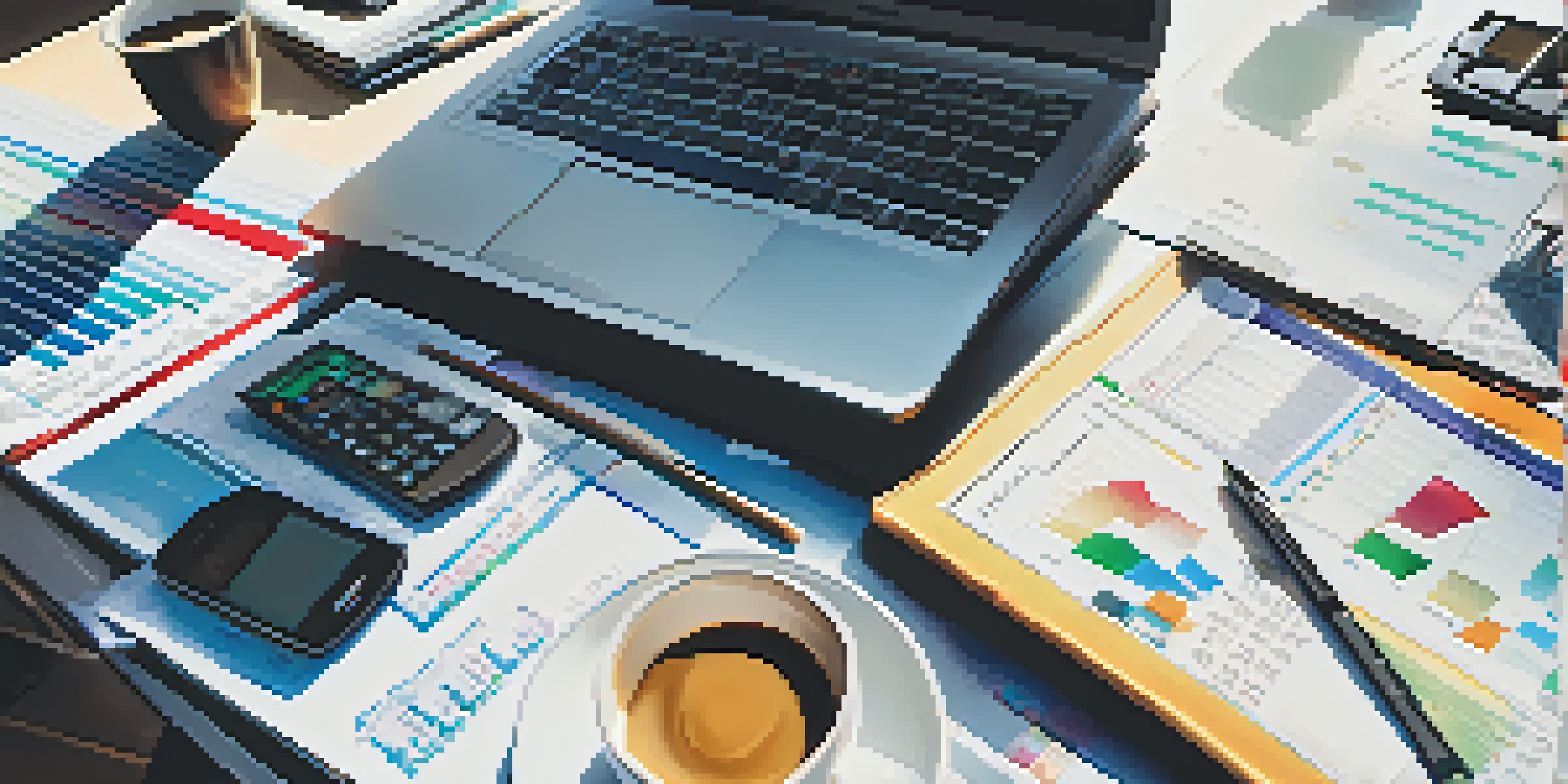 A financial analyst's workspace with a laptop, financial statements, a calculator, and a cup of coffee, illuminated by natural light.