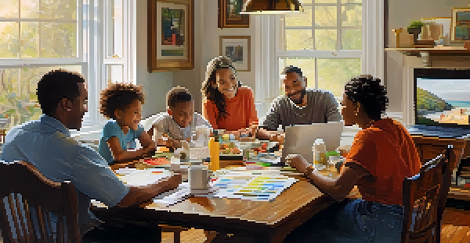 A family discussing charitable causes around a dining table with papers and a laptop, warm lighting creating an inviting atmosphere.