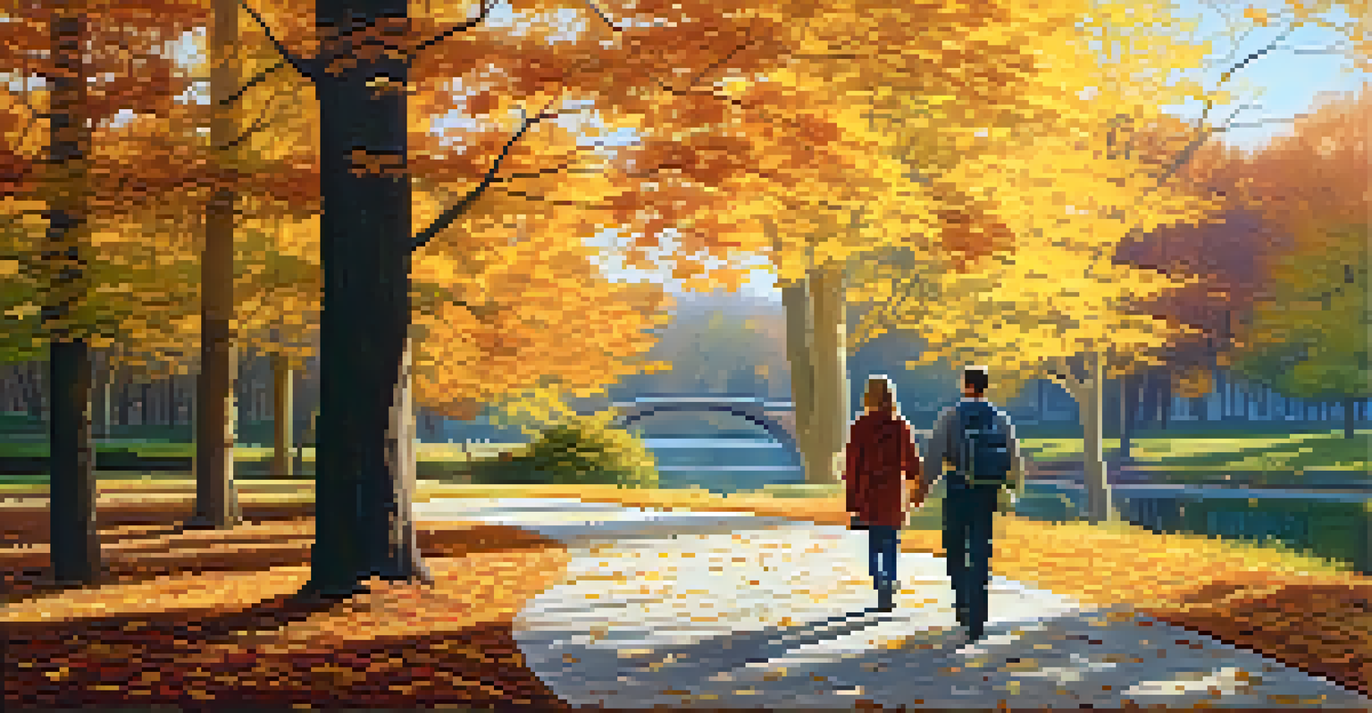 A peaceful autumn park with falling leaves, a pond, and a couple walking along a path.