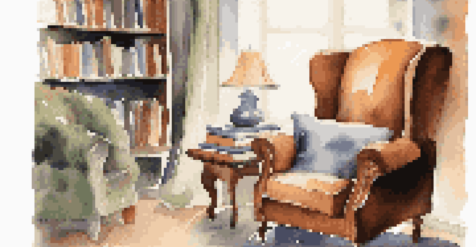 A comfortable reading nook with a stack of investment books, an armchair, and a cup of tea, ideal for studying stock market strategies.