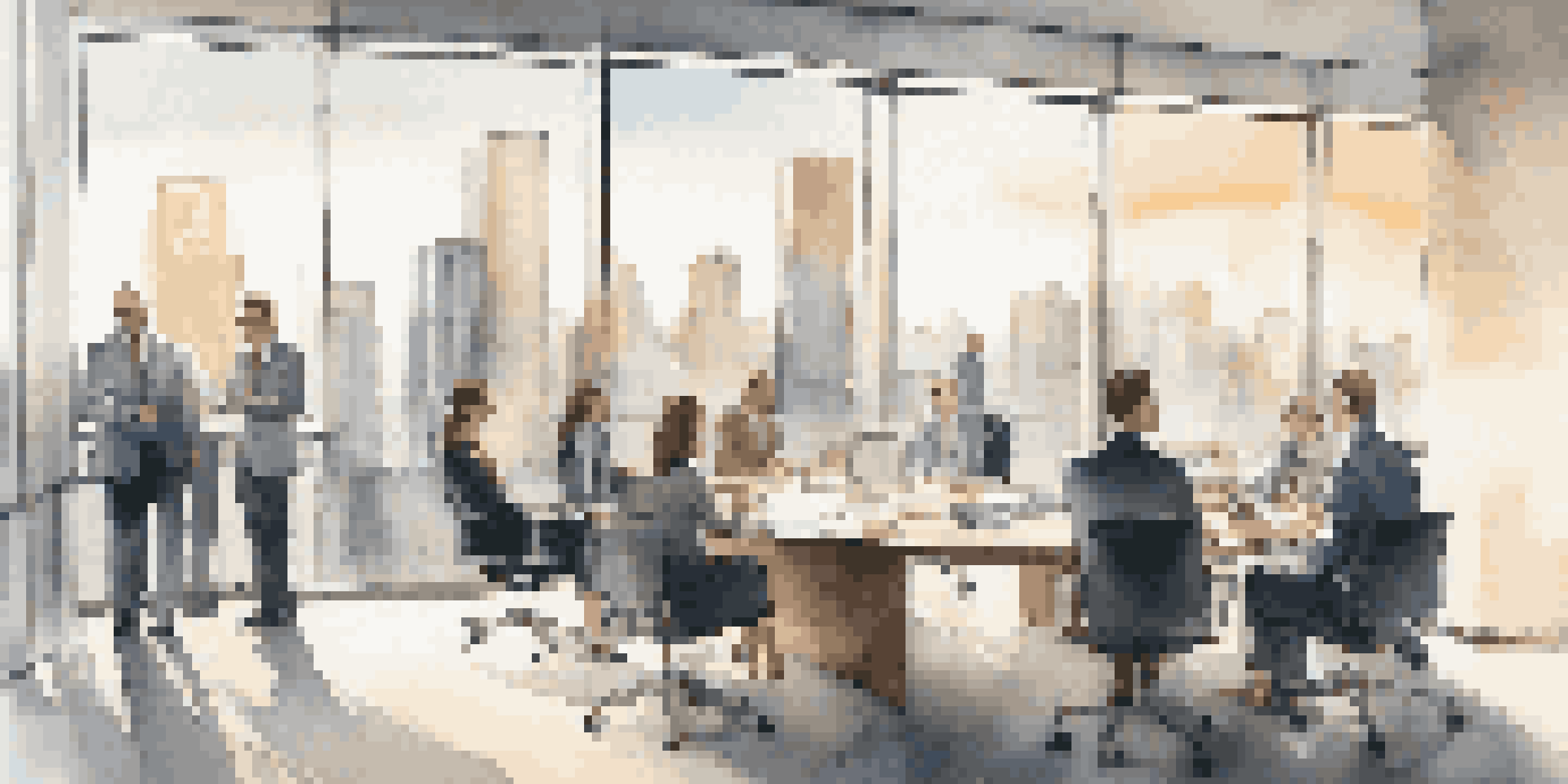 A diverse group of professionals discussing interest rate trends in a modern office with a city skyline view.