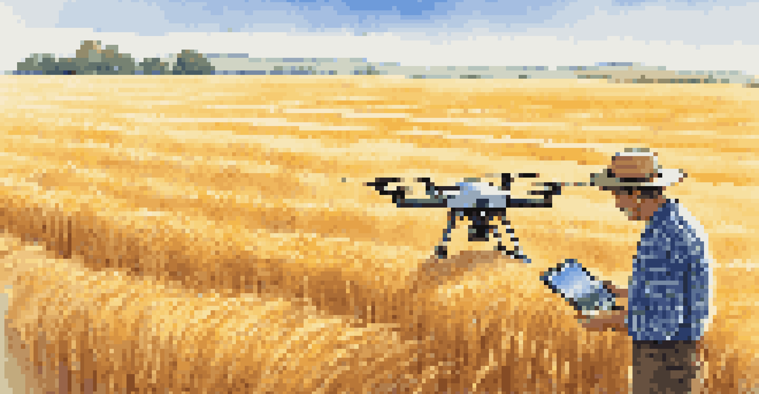 A farmer operating a drone over a golden wheat field on a sunny day.