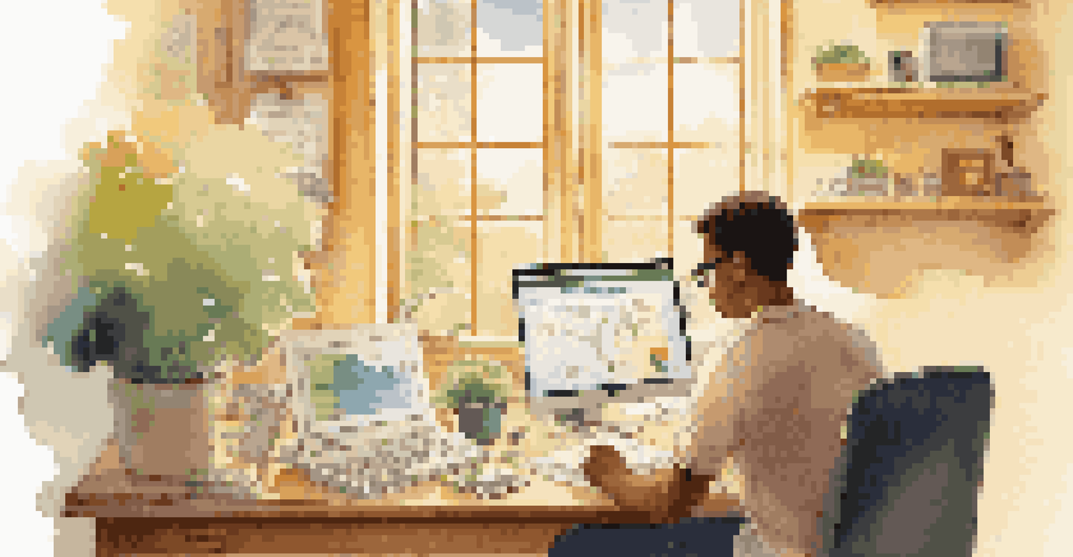 A person at a desk managing finances with notebooks and a calculator, in a warmly lit room with a garden view.