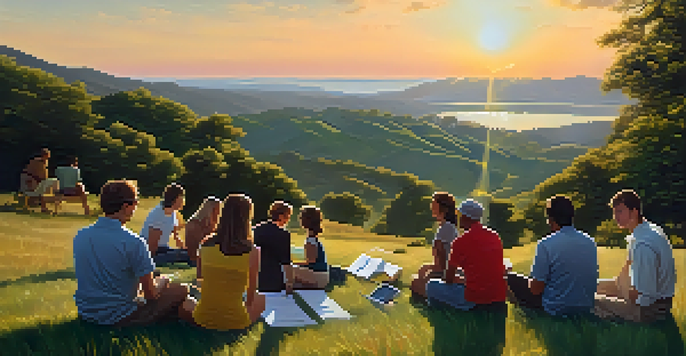 A diverse group of individuals having a discussion about investments on a hilltop during sunset, with charts and graphs around them.