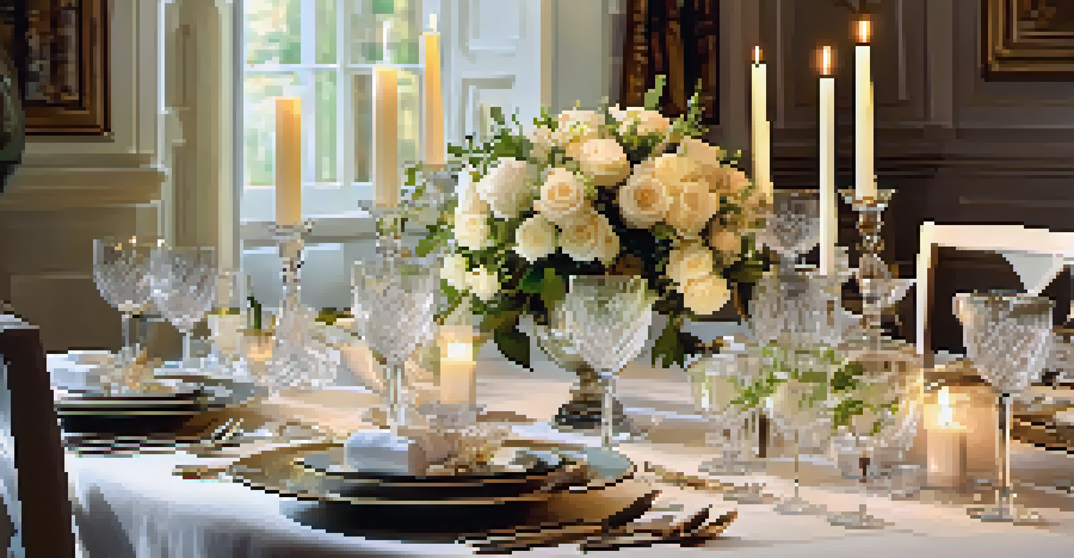 A formal dining table elegantly set with fine china and candles, creating a romantic ambiance.