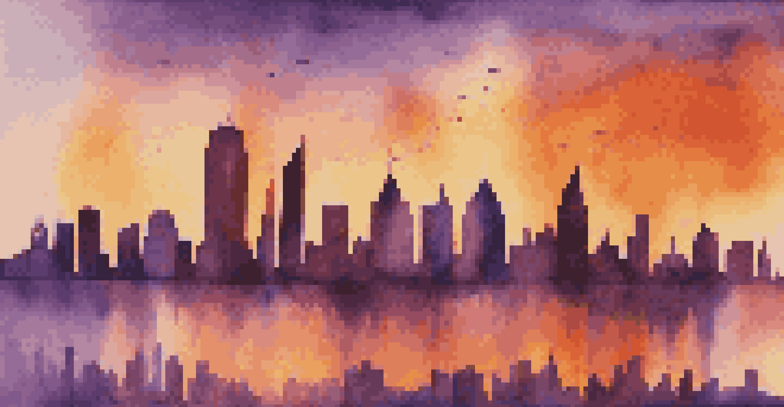 A city skyline at sunset with a stock market graph overlay, displaying upward and downward trends in vibrant colors.