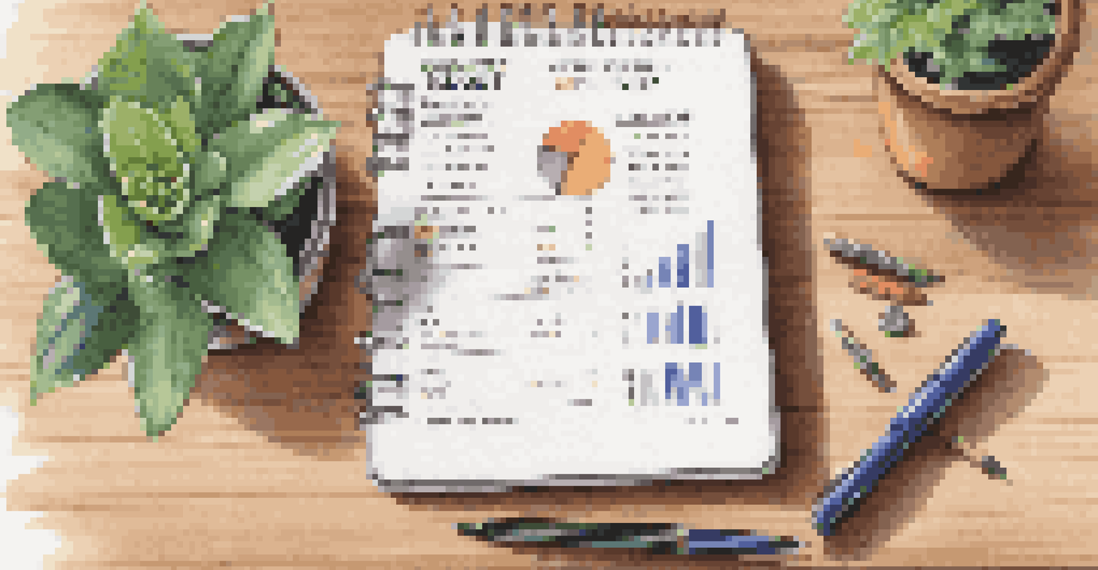 A close-up of a budget planner on a desk with colorful pens, a calculator, and a small plant, illuminated by natural light.