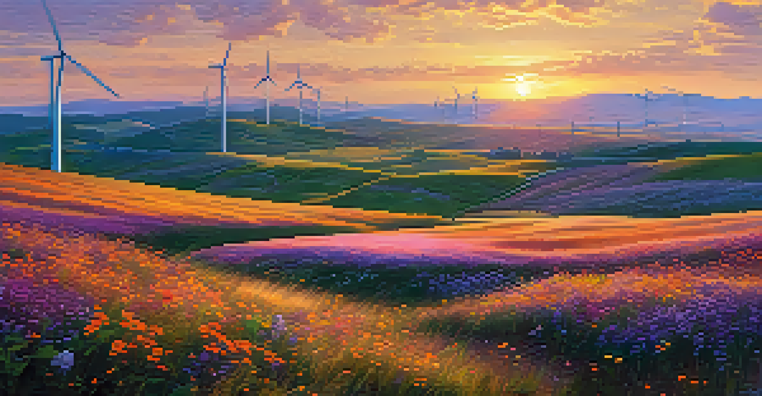 A wind turbine farm on a hillside during sunset with blooming wildflowers in the foreground.