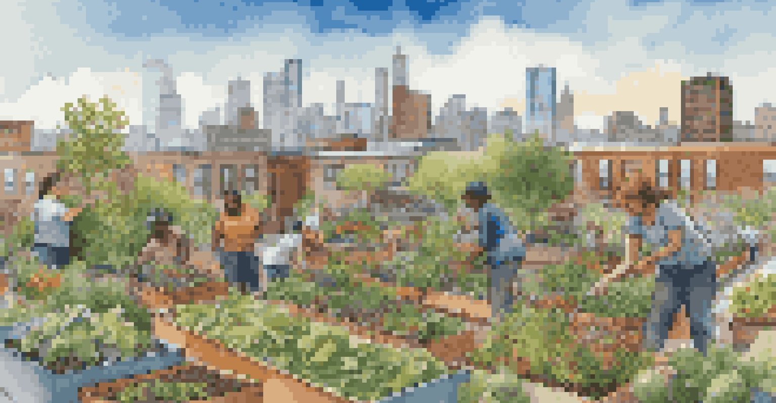 A rooftop urban garden with diverse plants, flowers, and people gardening, set against a city skyline.