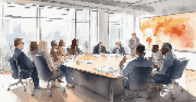 A diverse group of people engaged in a discussion about investments in a bright meeting room with charts on the screen.