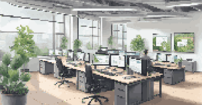 A well-lit modern office with multiple computer screens displaying digital management software, plants on desks, and natural light coming through large windows.