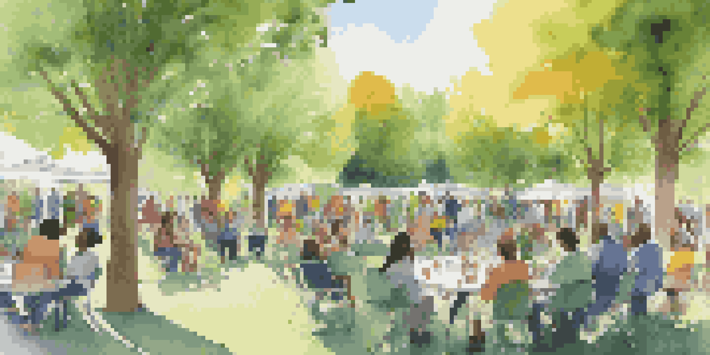 A diverse group of people gathered in a park for a community meeting about impact investing, surrounded by trees and colorful banners.