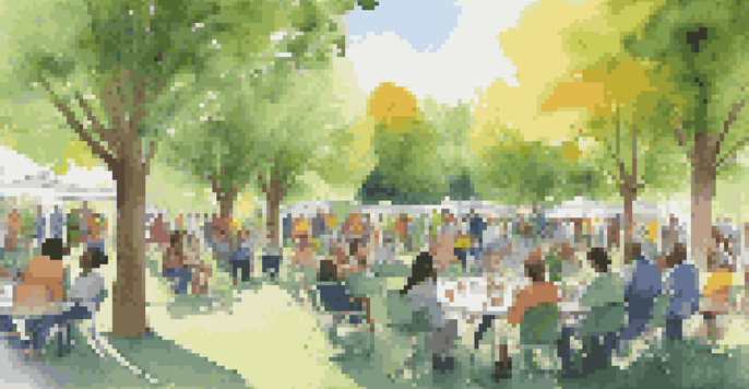 A diverse group of people gathered in a park for a community meeting about impact investing, surrounded by trees and colorful banners.