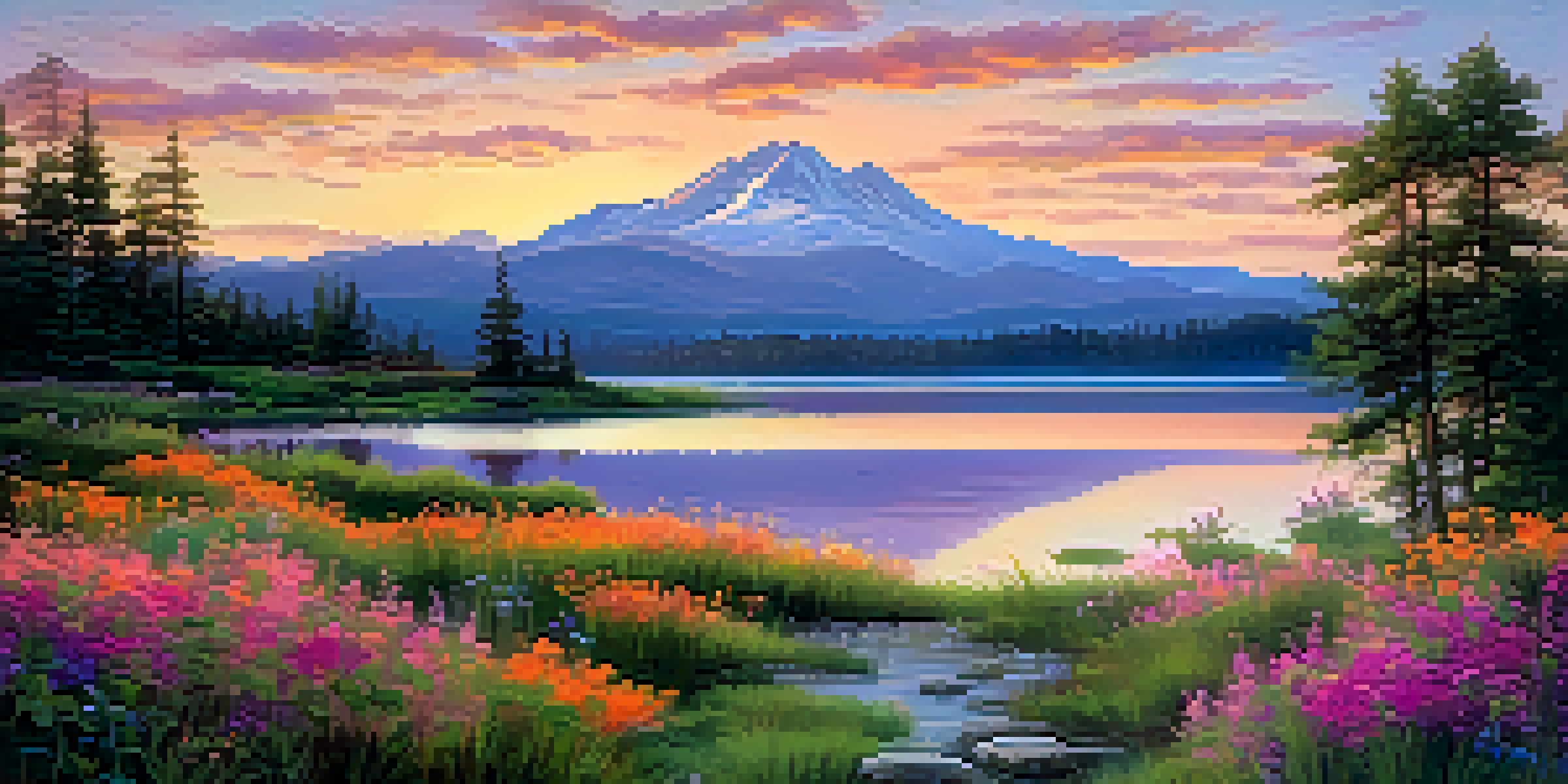 A tranquil lake at sunset with vibrant colors reflecting on the water and lush greenery in the foreground.