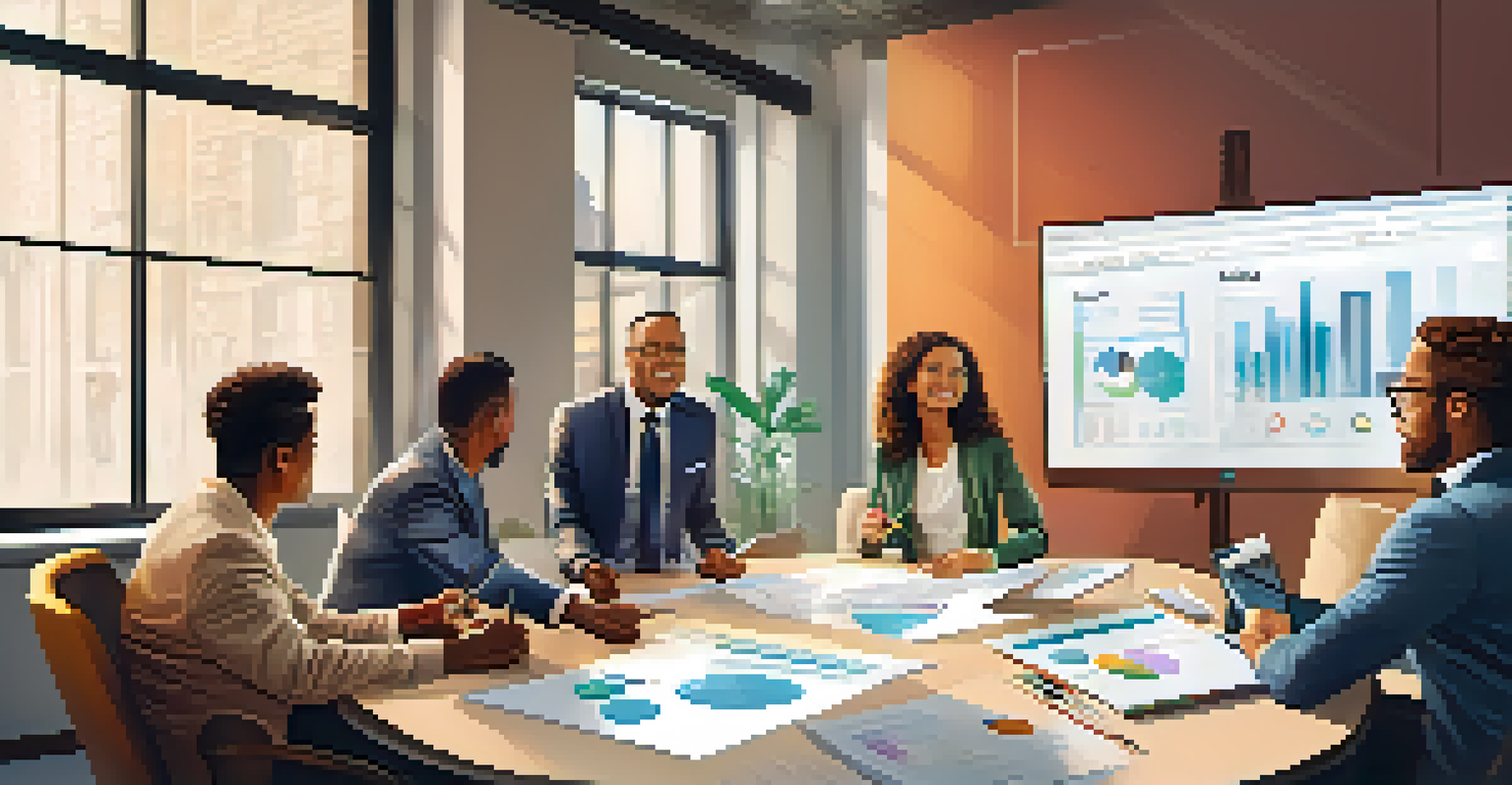 A group of entrepreneurs actively engaging in a financial coaching session, with charts and a coach presenting at a whiteboard.