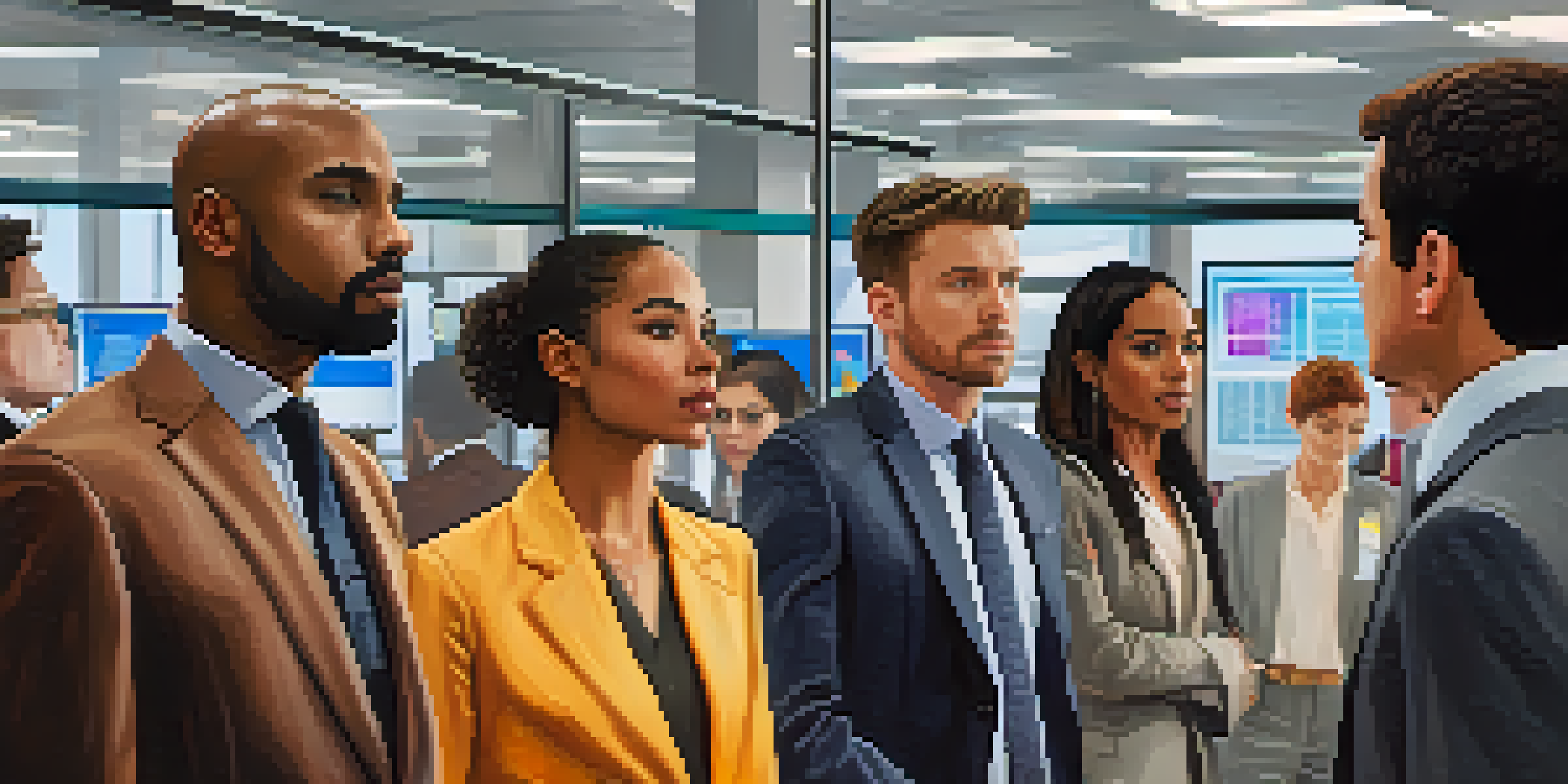 A diverse group of people in a modern office looking at unemployment rates on a digital display, surrounded by plants and natural light.