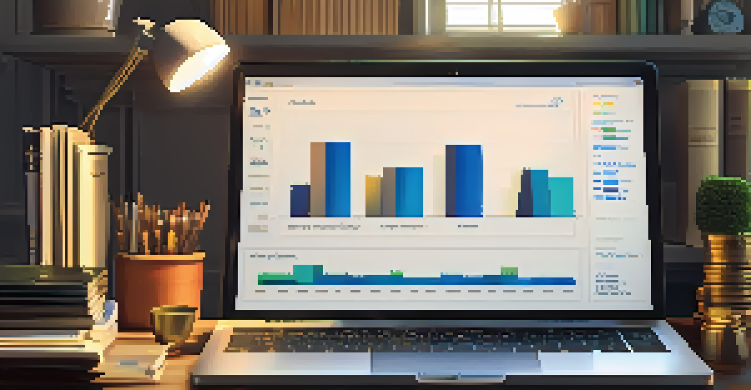 A financial planner's desk with a laptop showing an increasing credit score graph, stacks of coins, and a house model.