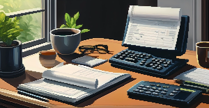 An organized desk with financial documents and a calculator under warm lighting.