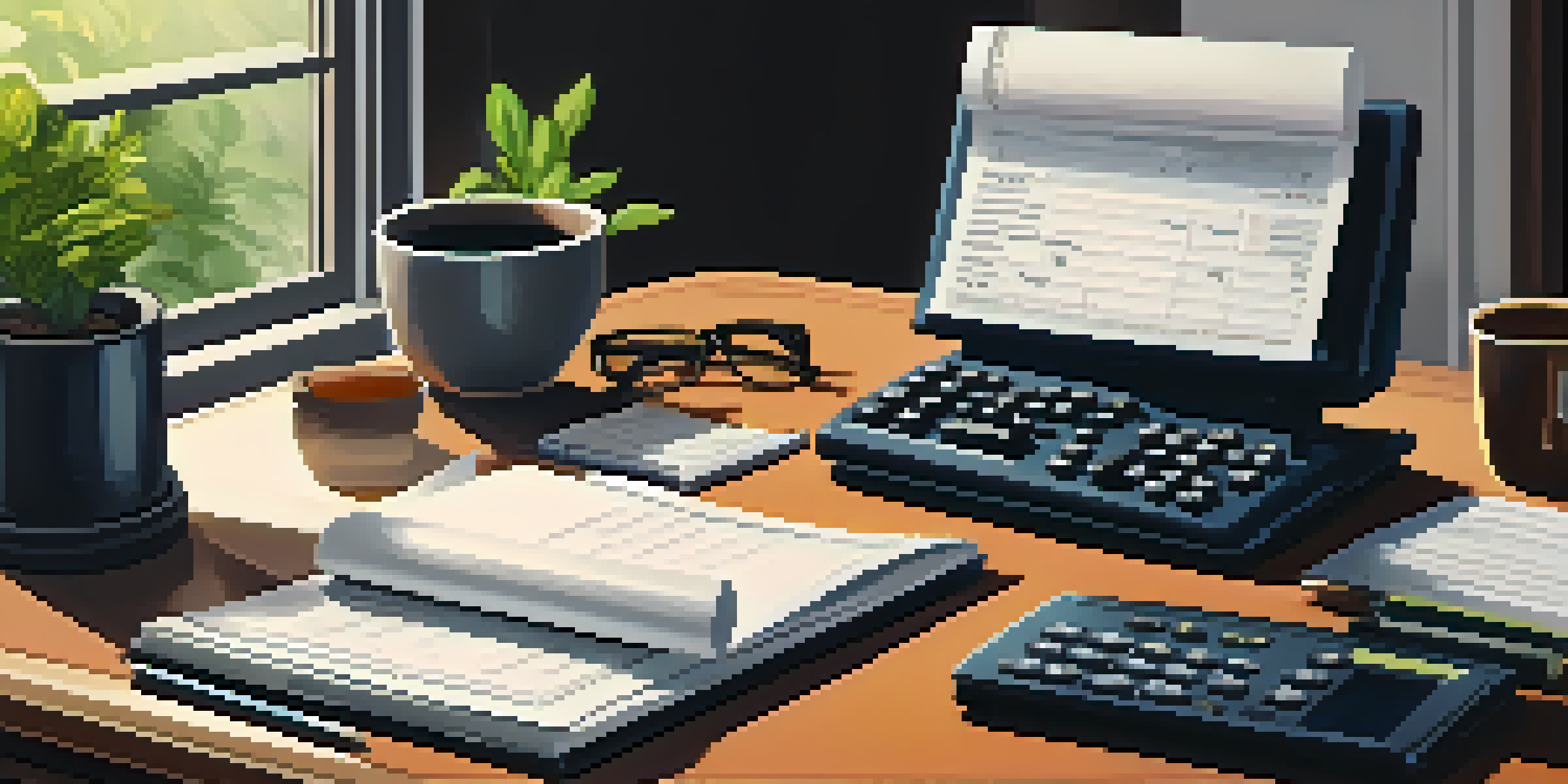 An organized desk with financial documents and a calculator under warm lighting.