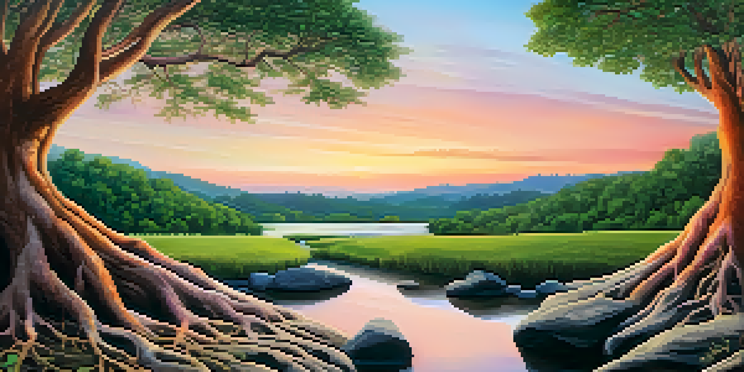 A landscape showing a tree symbolizing long-term investing on the left and a fast-moving river symbolizing short-term investing on the right, with a clear blue sky and a vibrant sunset.