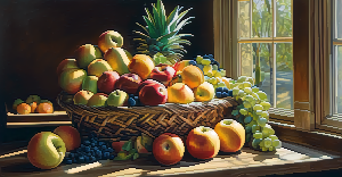 A colorful fruit basket with apples, oranges, and bananas on a wooden table, illuminated by sunlight.