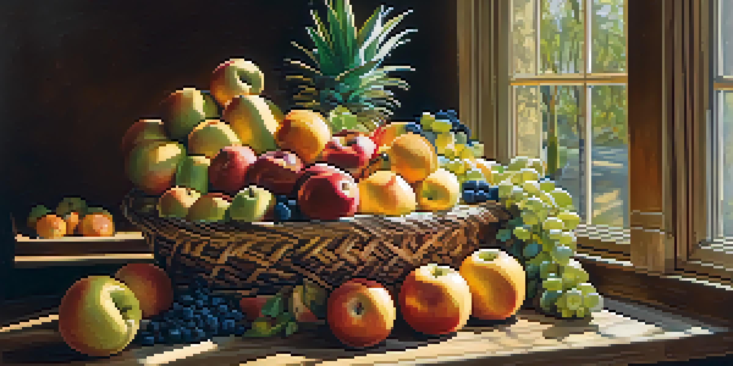 A colorful fruit basket with apples, oranges, and bananas on a wooden table, illuminated by sunlight.