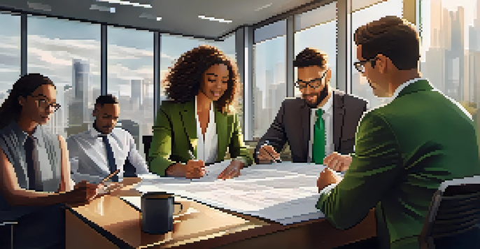 A diverse group of individuals examining investment documents in a well-lit office, focusing on charts and graphs.
