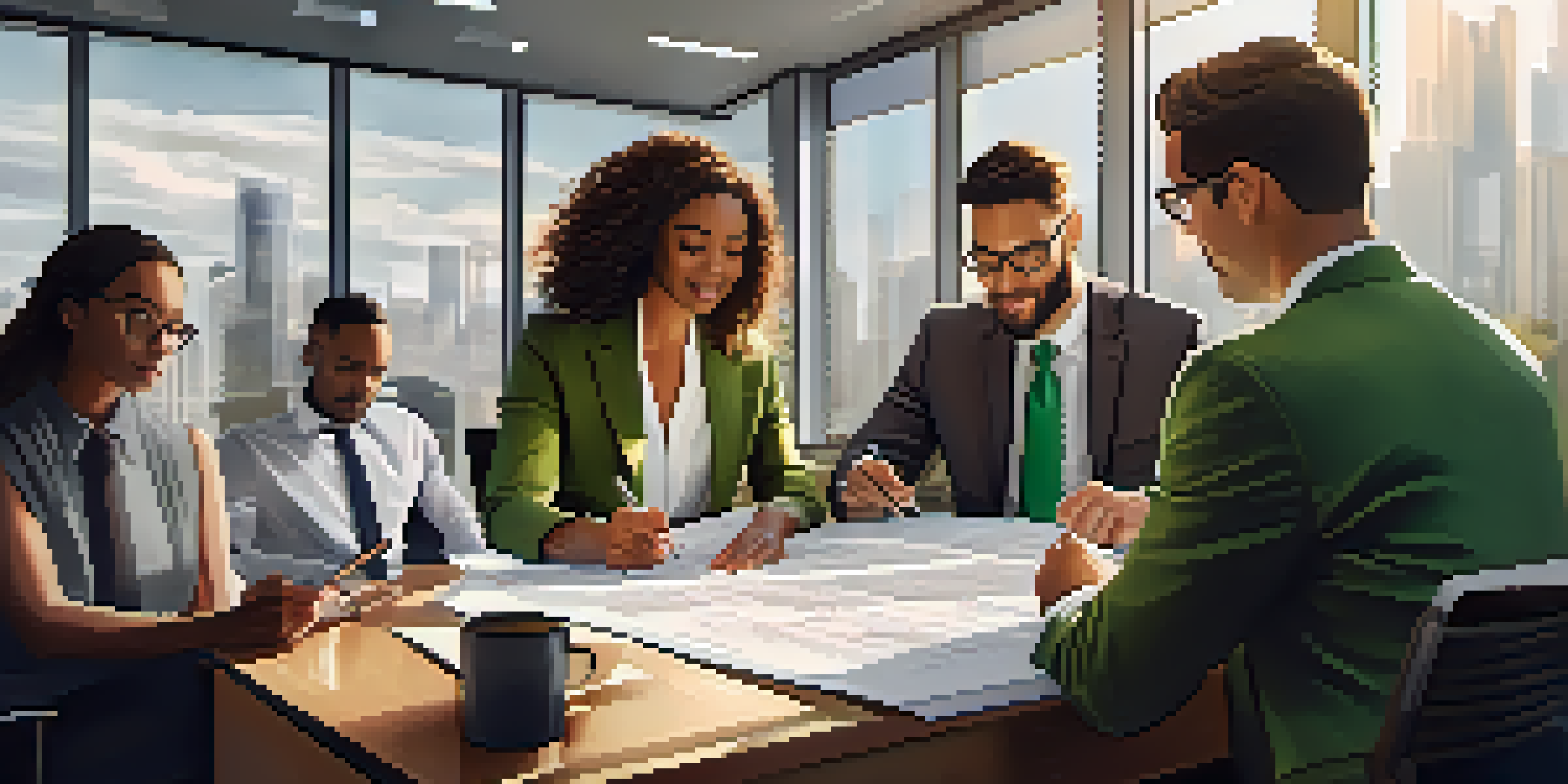 A diverse group of individuals examining investment documents in a well-lit office, focusing on charts and graphs.